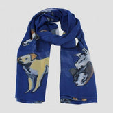 A navy chiffon scarf with a dogs artwork design, displayed flat.